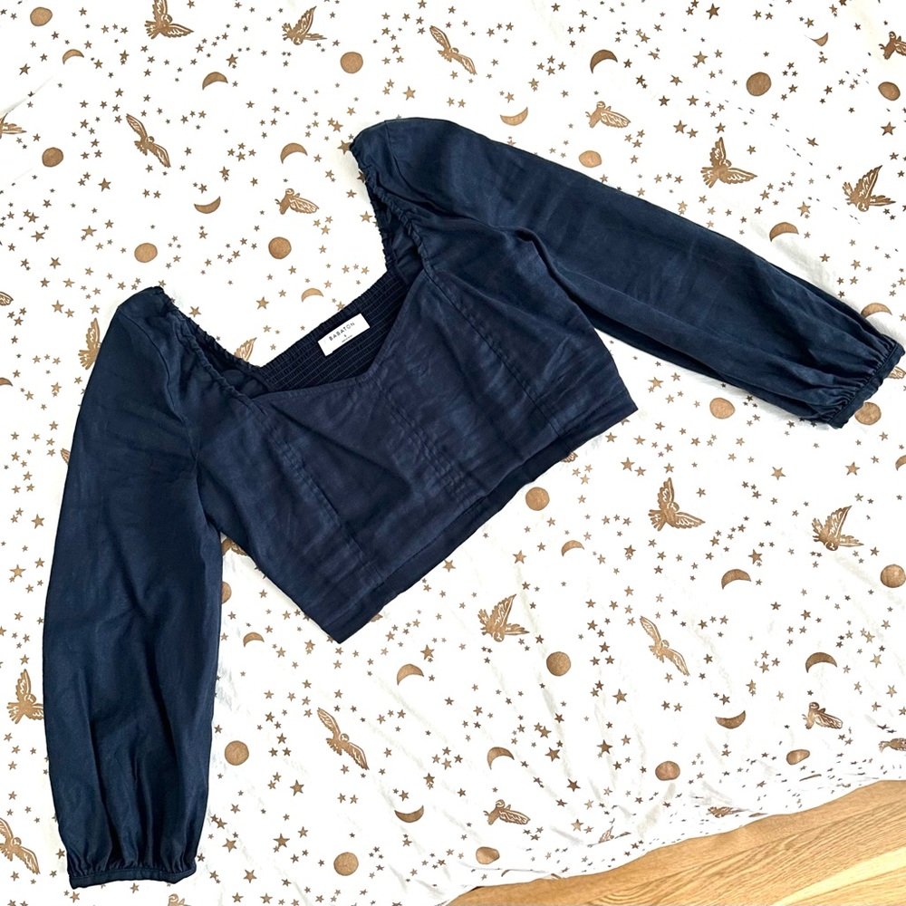 Aritzia Babaton Linen Blend Hadwyn crop top in Pure Indigo Blue S